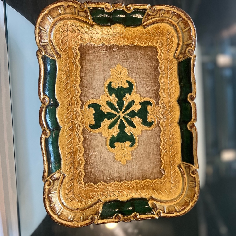 Vintage Florentine Italian Style Toleware  Wood Tray Green Gold Italy